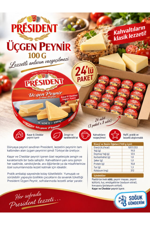 President Üçgen Peynir Cheddarlı (100grx24adet)