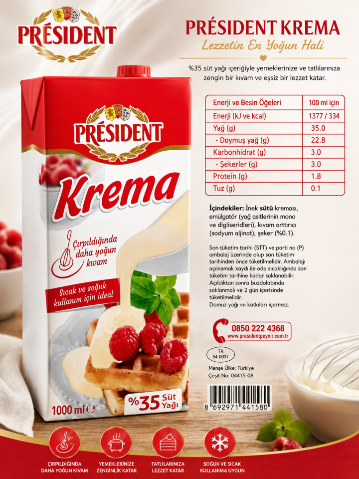 President Krema 1L – %35 Süt Yağlı Profesyonel Krema